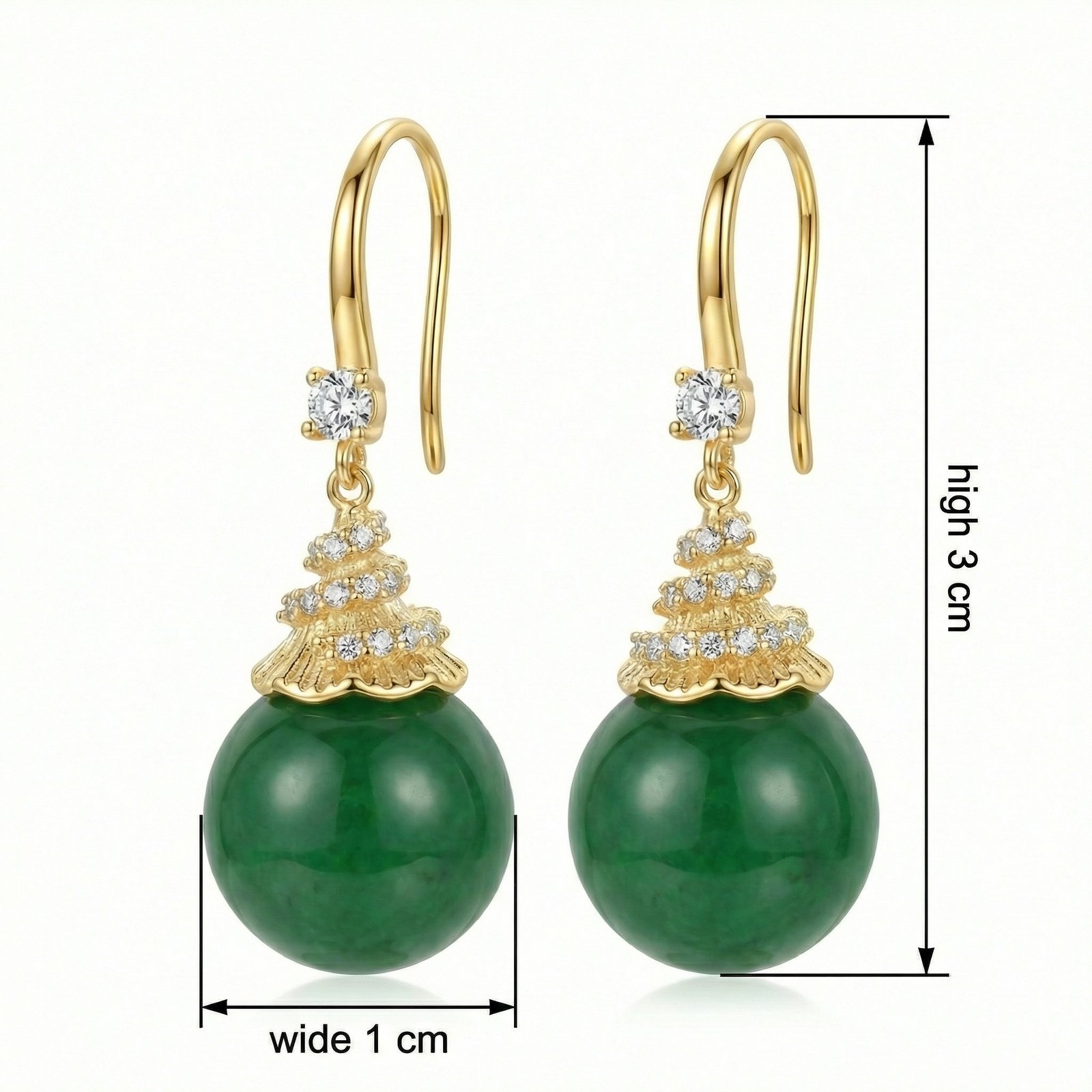 Elegant Round Green Gemstone Drop Earrings with Sparkling Crystal Accents and Decorative Metal Caps - Image 2