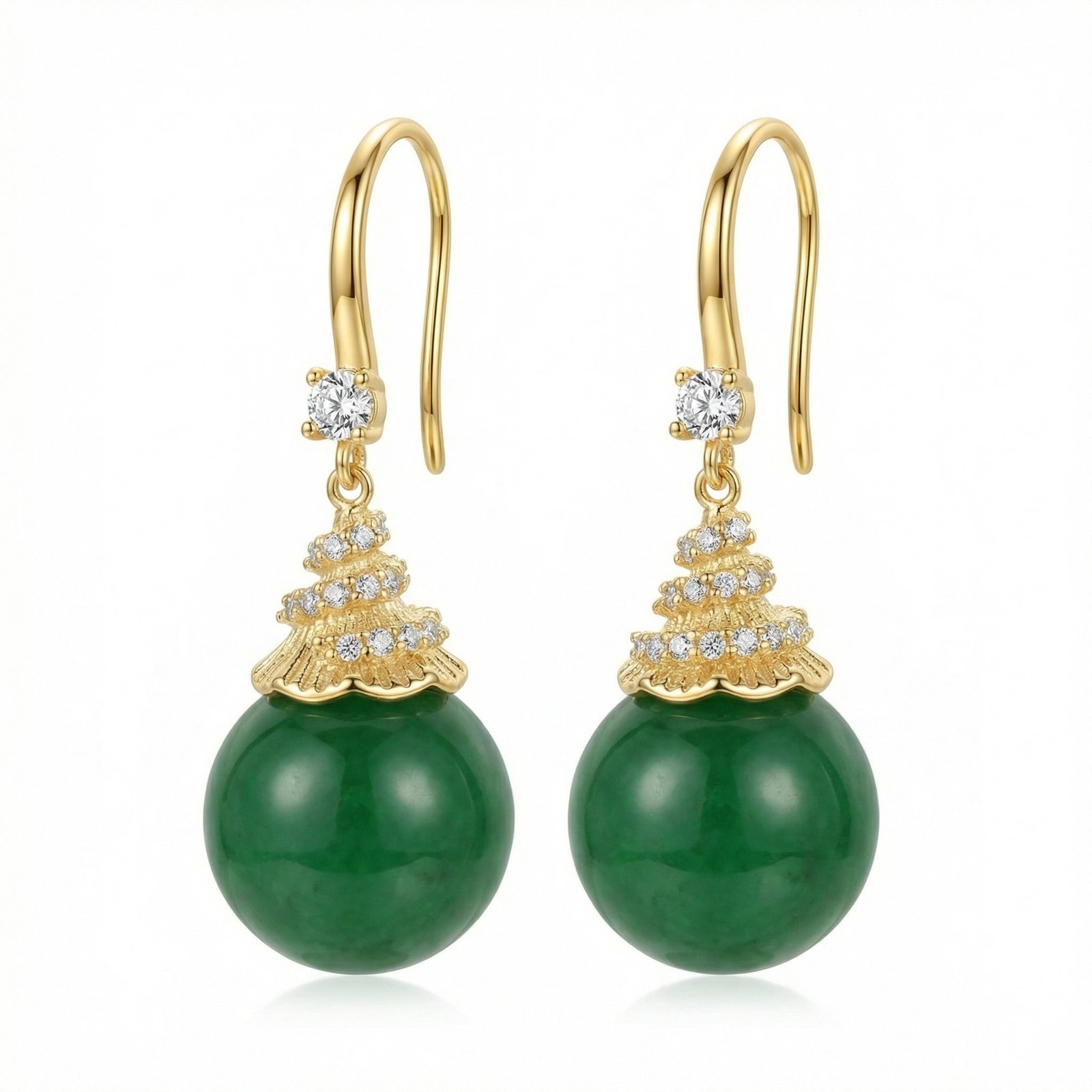 Elegant Round Green Gemstone Drop Earrings with Sparkling Crystal Accents and Decorative Metal Caps - Image 3