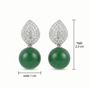 Elegant Green Jade Bead Drop Earrings with Diamond-Set Leaf Accents