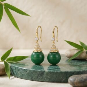 Elegant Round Green Gemstone Drop Earrings with Sparkling Crystal Accents and Decorative Metal Caps