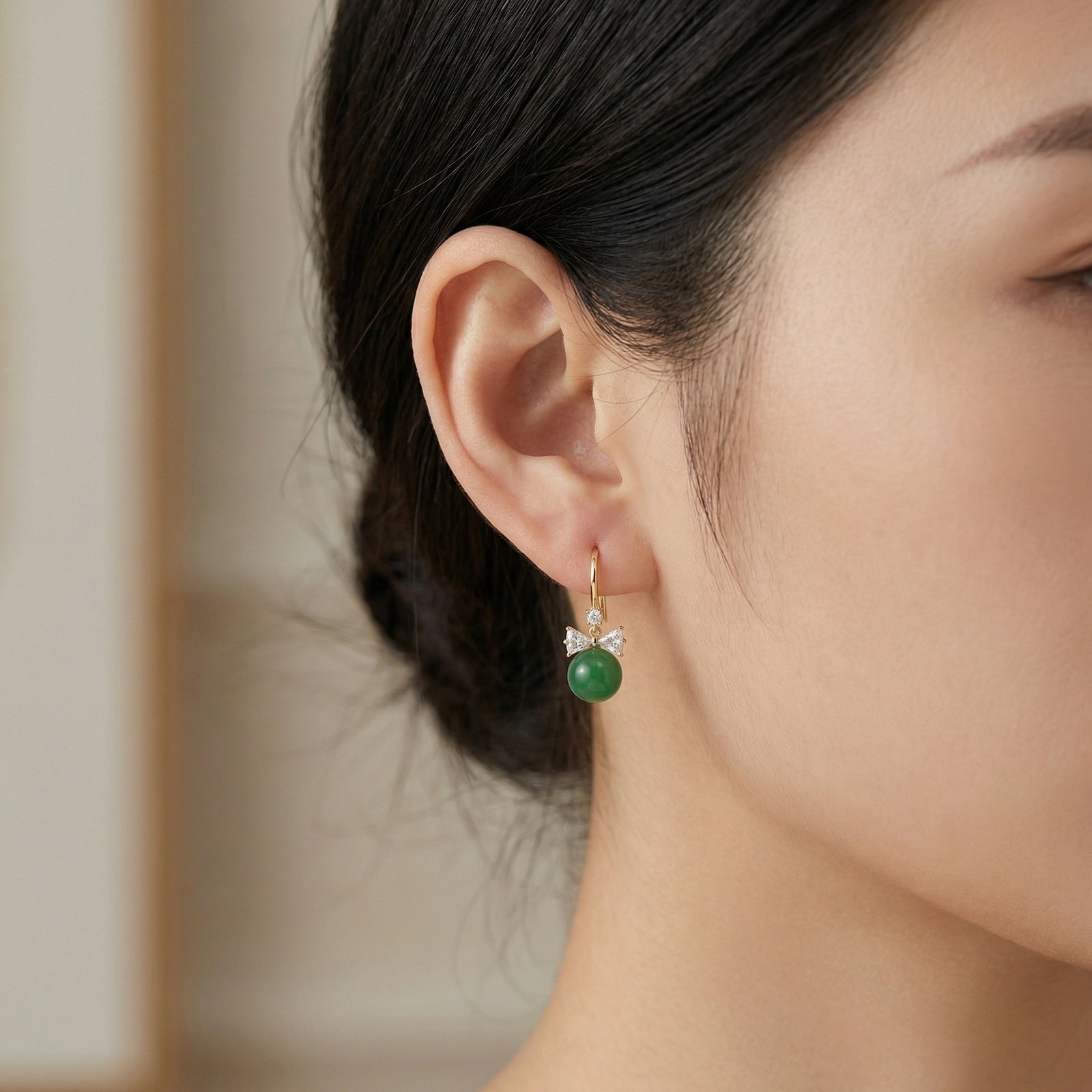 Elegant Green Jade Bead Bowknot Drop Hook Earrings - Image 2