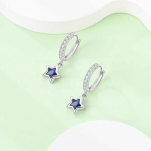 S925 Sterling Silver Blue Heart Pentagram Blue Zircon Earrings
