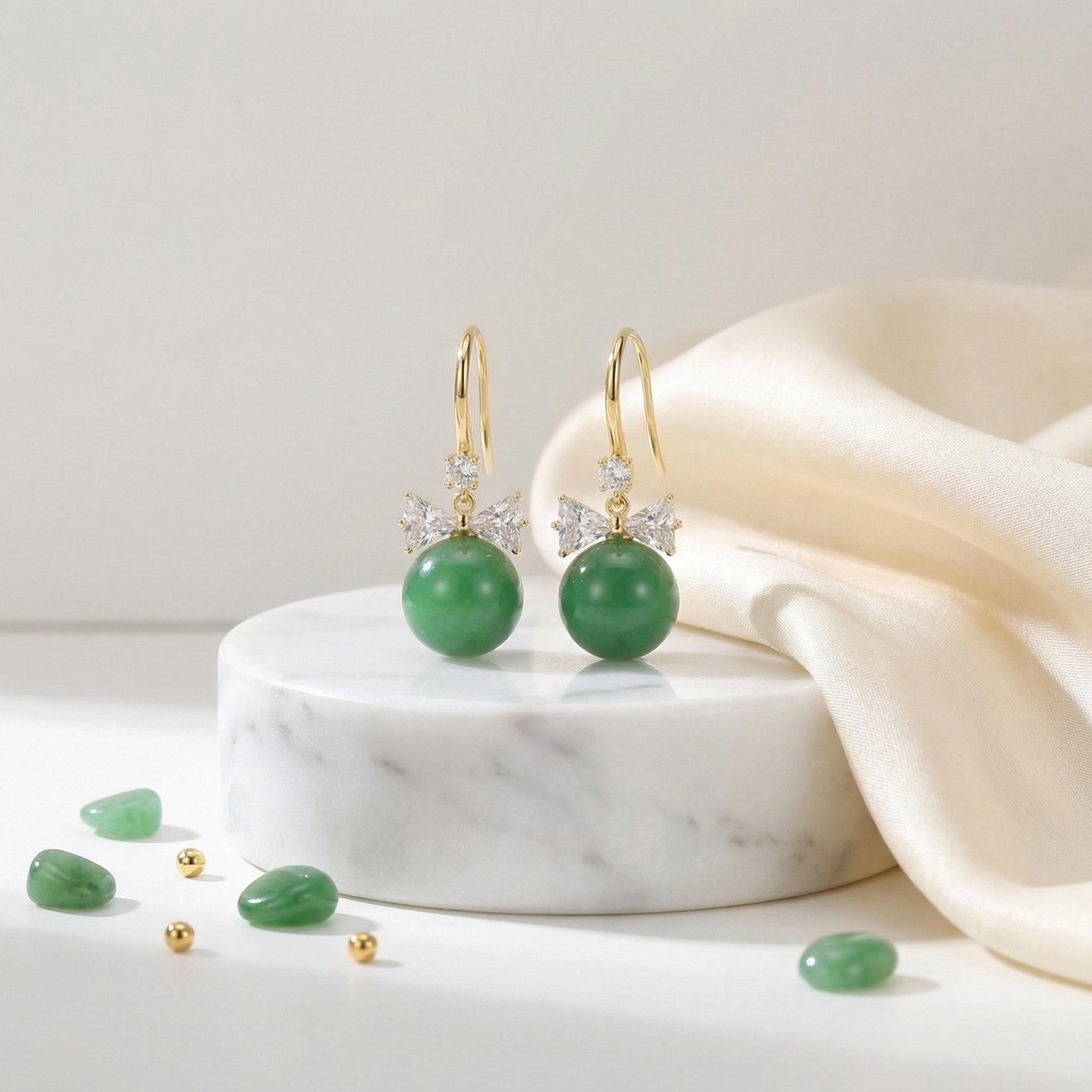 Elegant Green Jade Bead Bowknot Drop Hook Earrings - Image 4