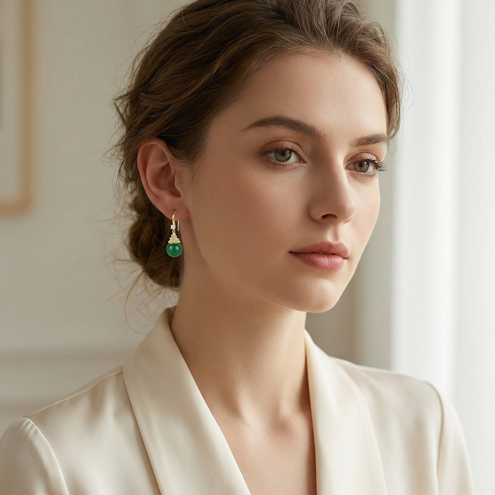 Elegant Round Green Gemstone Drop Earrings with Sparkling Crystal Accents and Decorative Metal Caps - Image 4