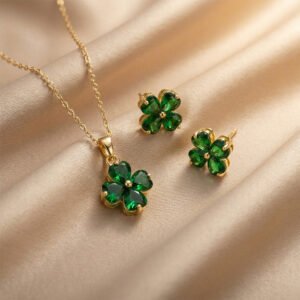 Luxury Diamond-Encrusted Four-Leaf Clover Necklace and Earrings